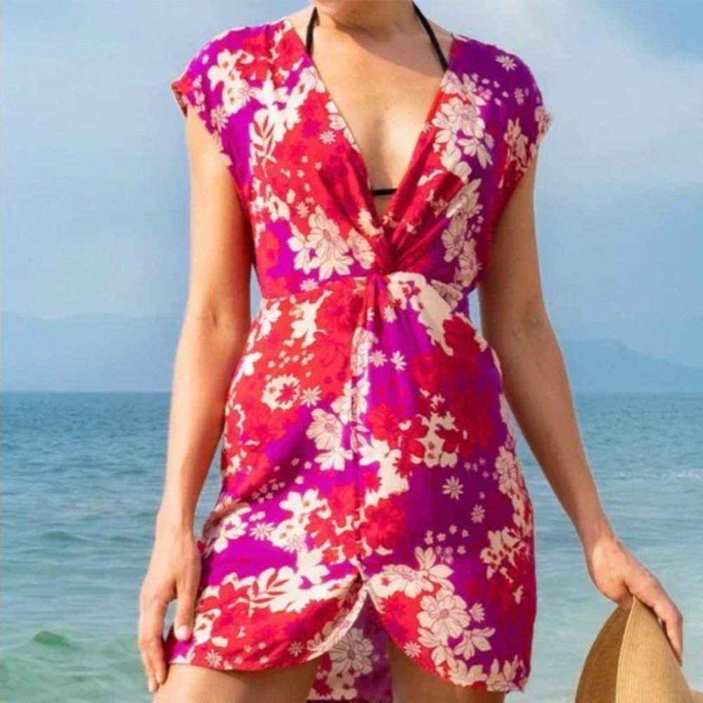 NWT Purple Red Floral V-Neck Sleeveless Swim Coverup Dress Size Medium
